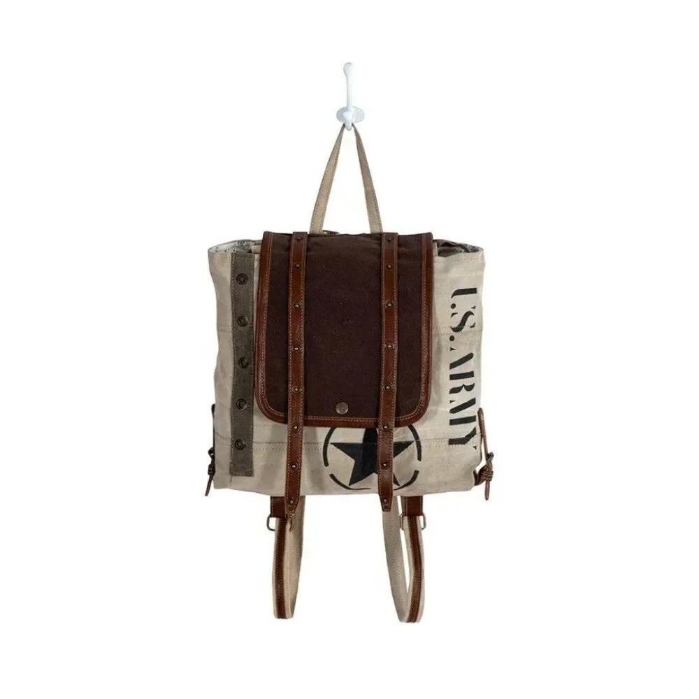 Myra Bag Handmade Army Backpack Upcycled Canvas & Cowhide Leather